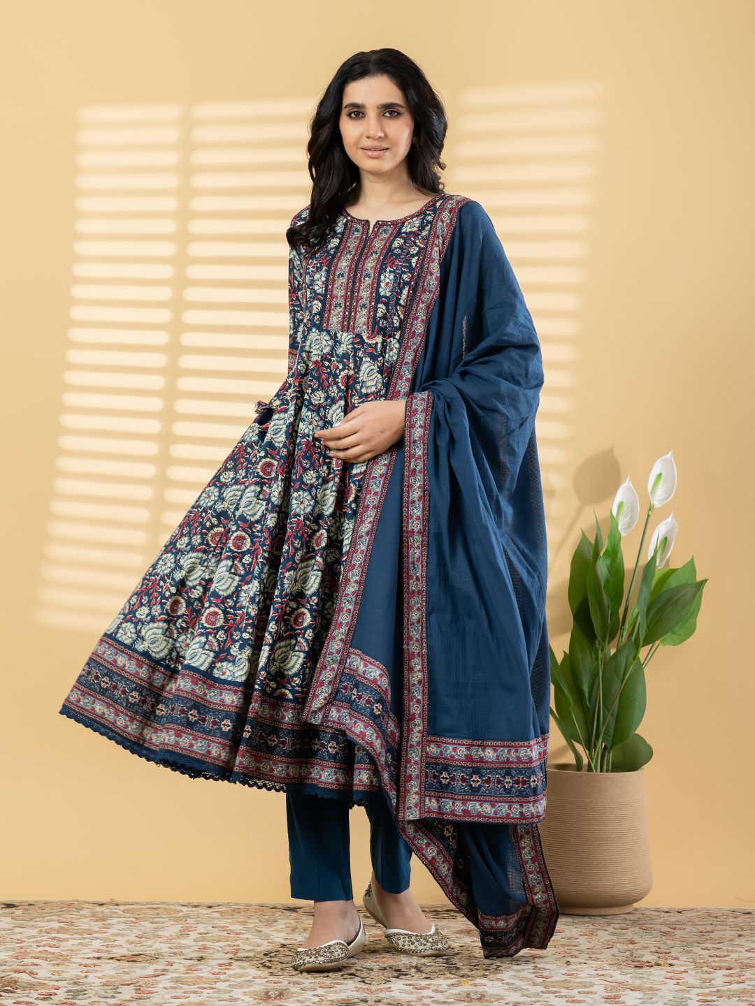 Women's Teal Blue Block Printed Cotton Anarkali Kurta Pant Dupatta Set