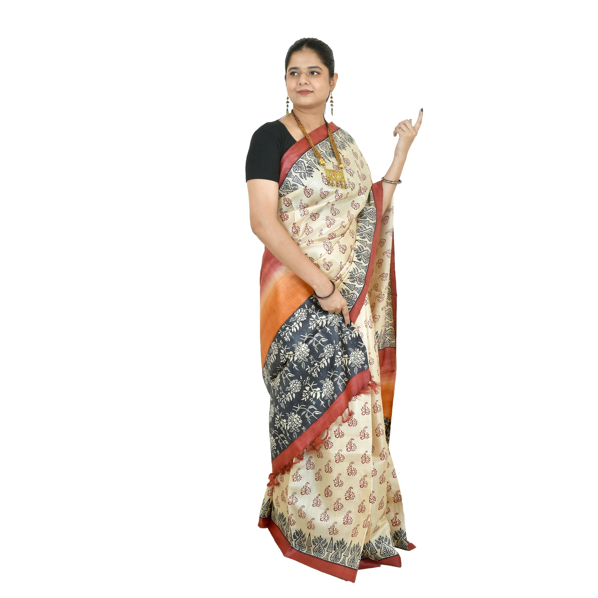 Tribes India Cream Printed Silk Saree with Multi-Color Border and Pallu
