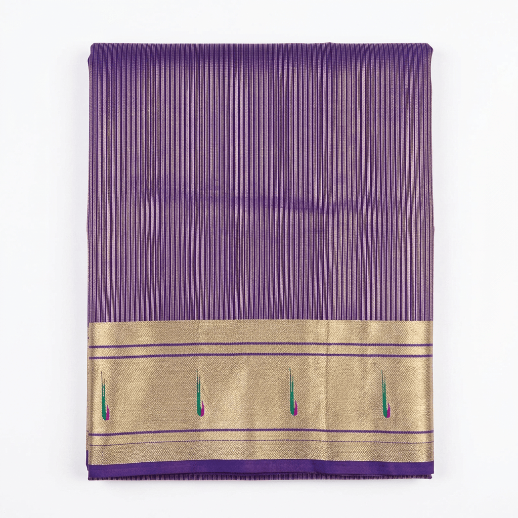 Purple Silk Blend Saree with Silver Stripes and Floral Pallu