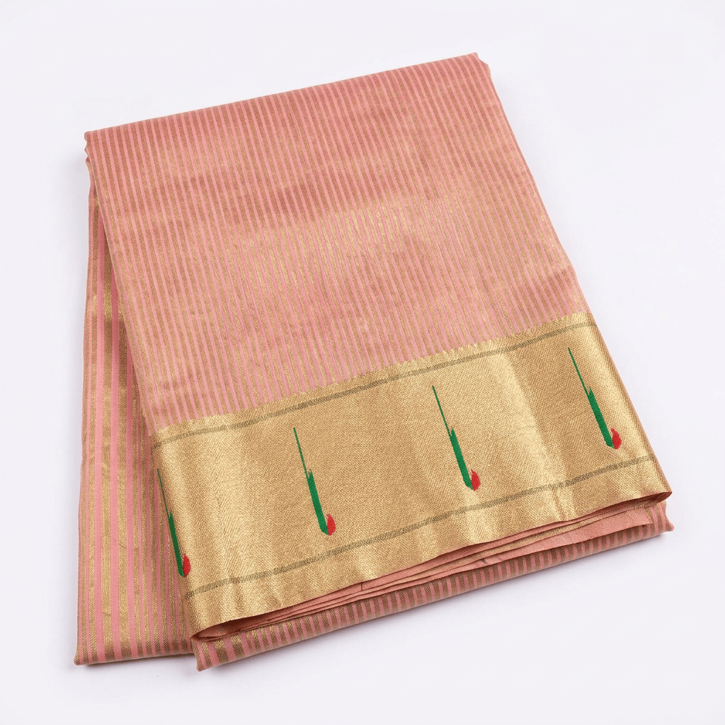 Handloom Light Pink Saree with Gold Vertical Stripes and Zari Border