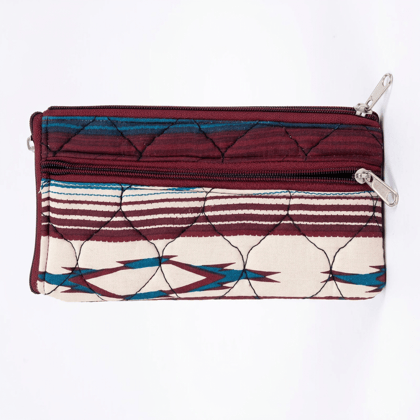 Quilted Fabric Multipurpose Zipper Pouch with Tribal Print - Maroon/Blue Quilted Fabric Multipurpose Zipper Pouch with Tribal Print - Maroon/Blue