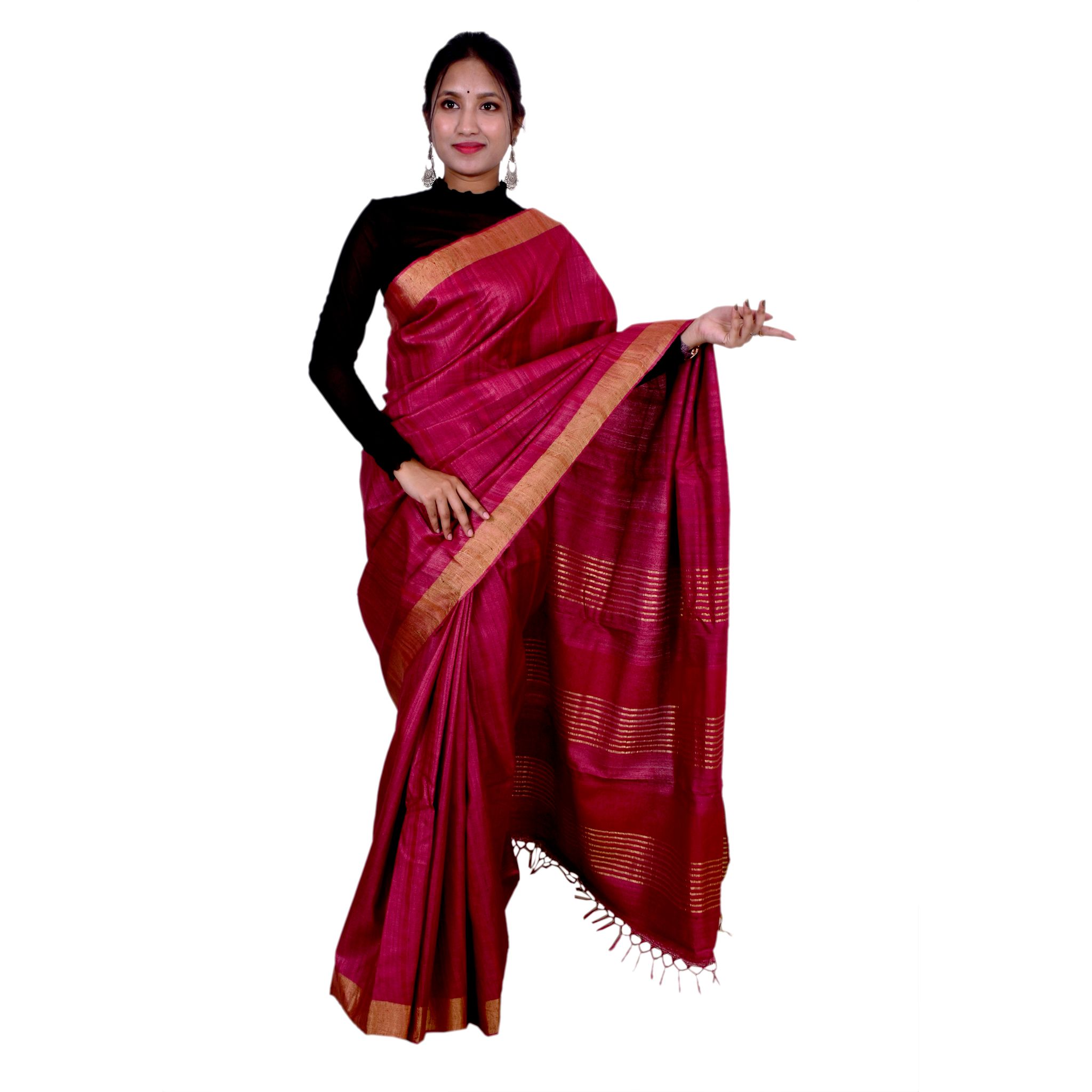 Tribes India Handloom Magenta Silk Saree with Zari Border