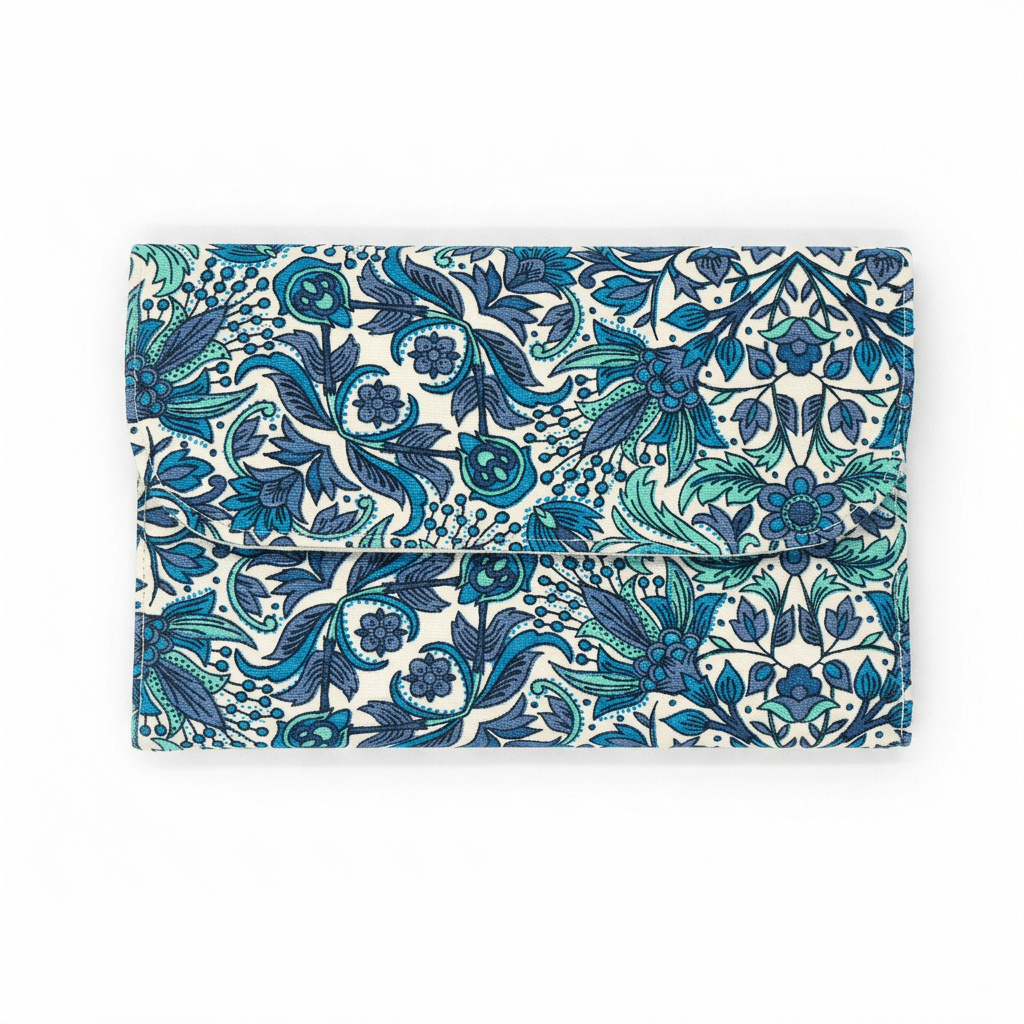 Blue & Green Floral Fabric Cosmetic Pouch with Dual Zips