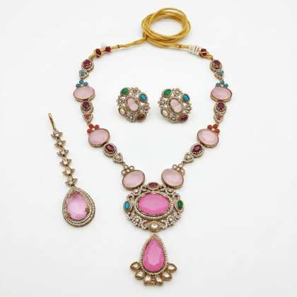 Traditional Gold-Plated Pink Kundan Bridal Jewellery Set with Maang Tikka