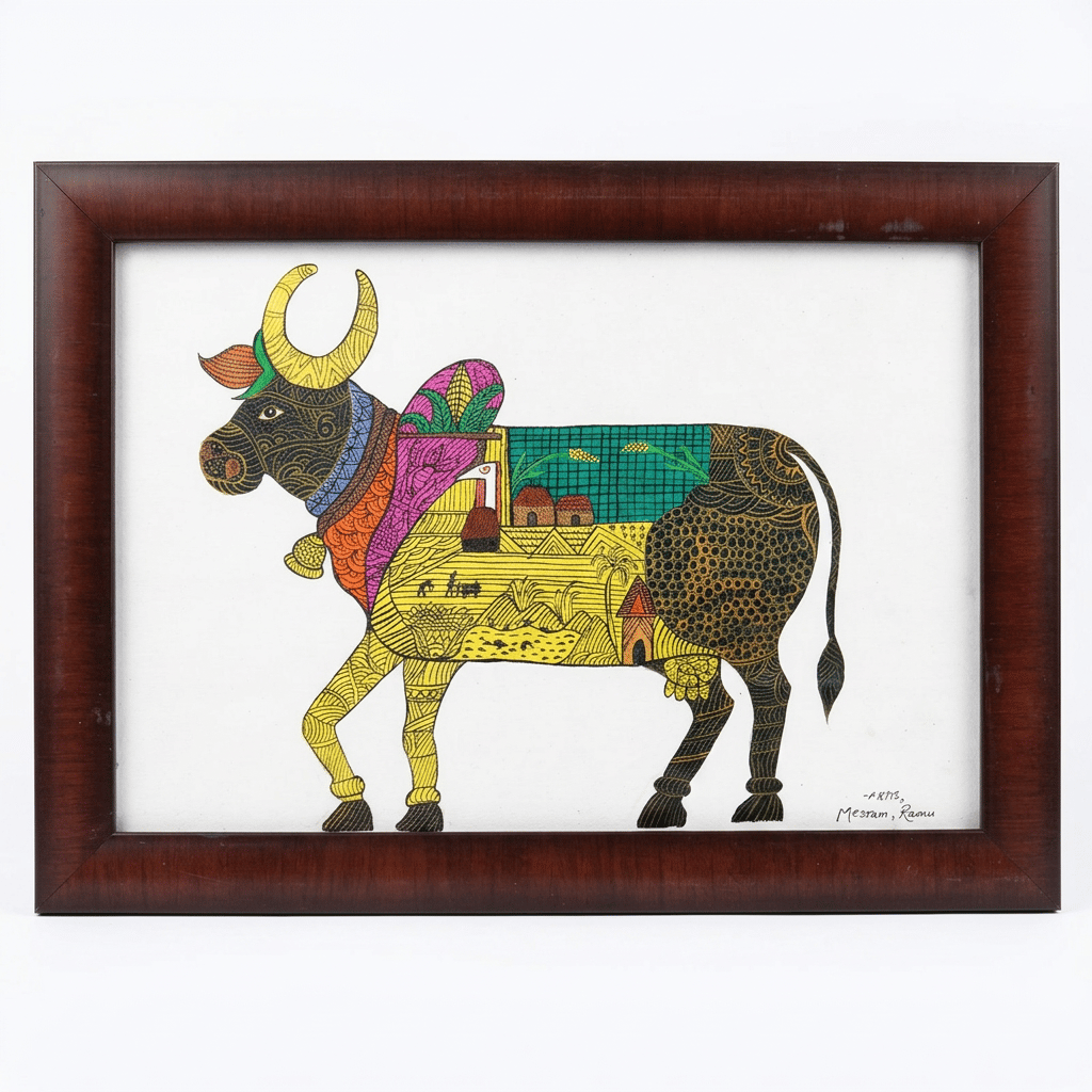 Traditional Gond Art Framed Bull Painting - Signed Mecram Ramu