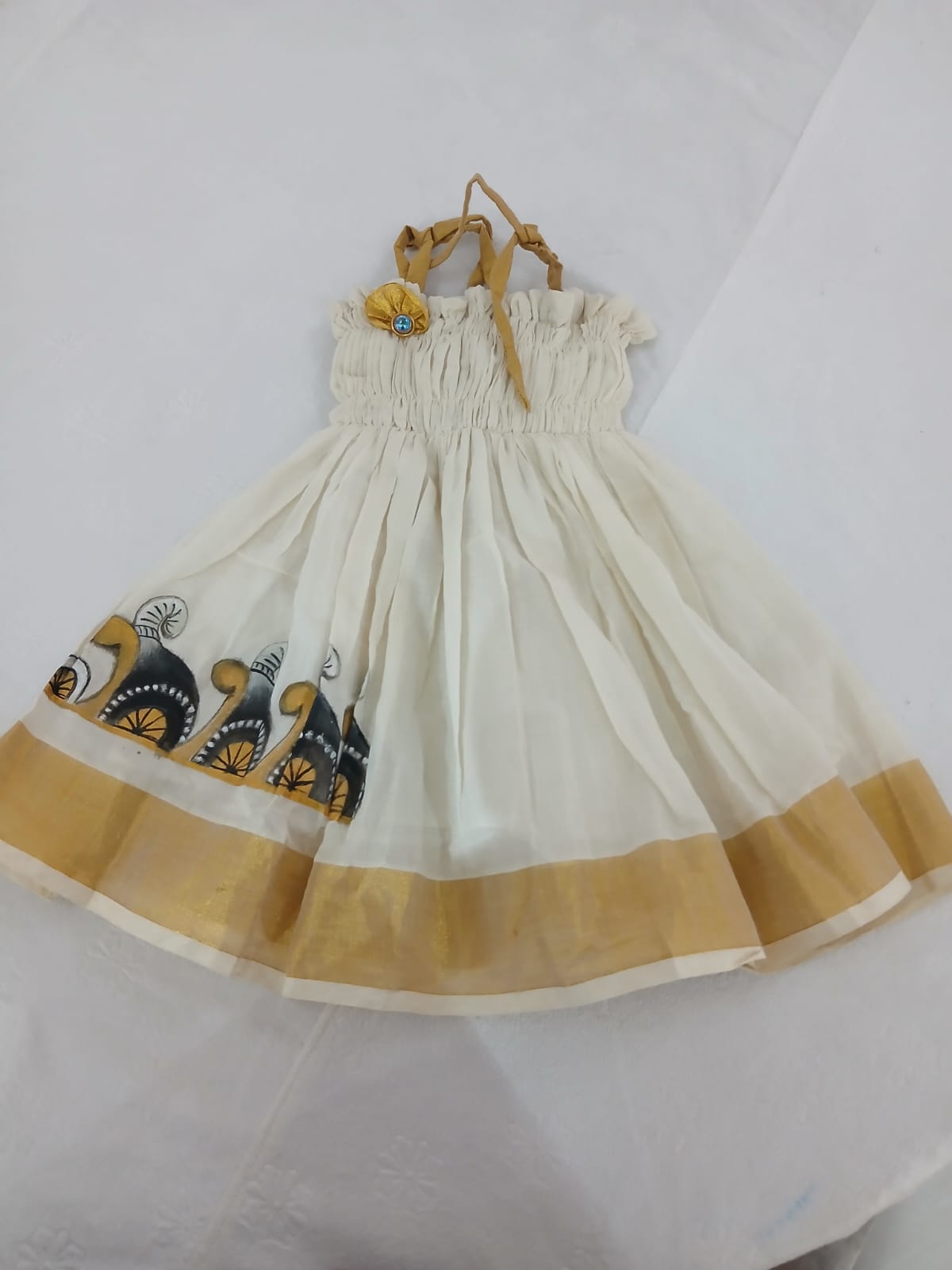 Girl's Cotton Kasavu Frock - Elephant Mural Print - Off White