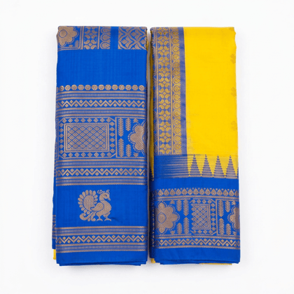 Traditional Royal Blue and Yellow Kanchipuram Silk Saree with Gold Zari Work