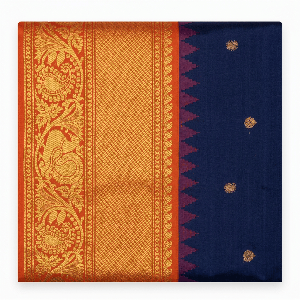 Traditional Orange & Blue Silk Saree with Gold Zari