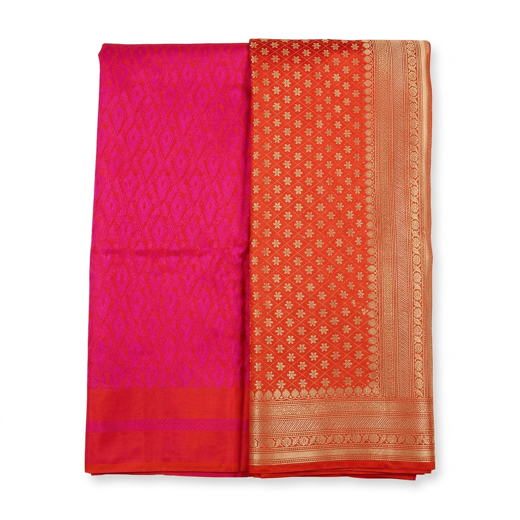 Pink & Orange Banarasi Silk Sari with Gold Zari Work
