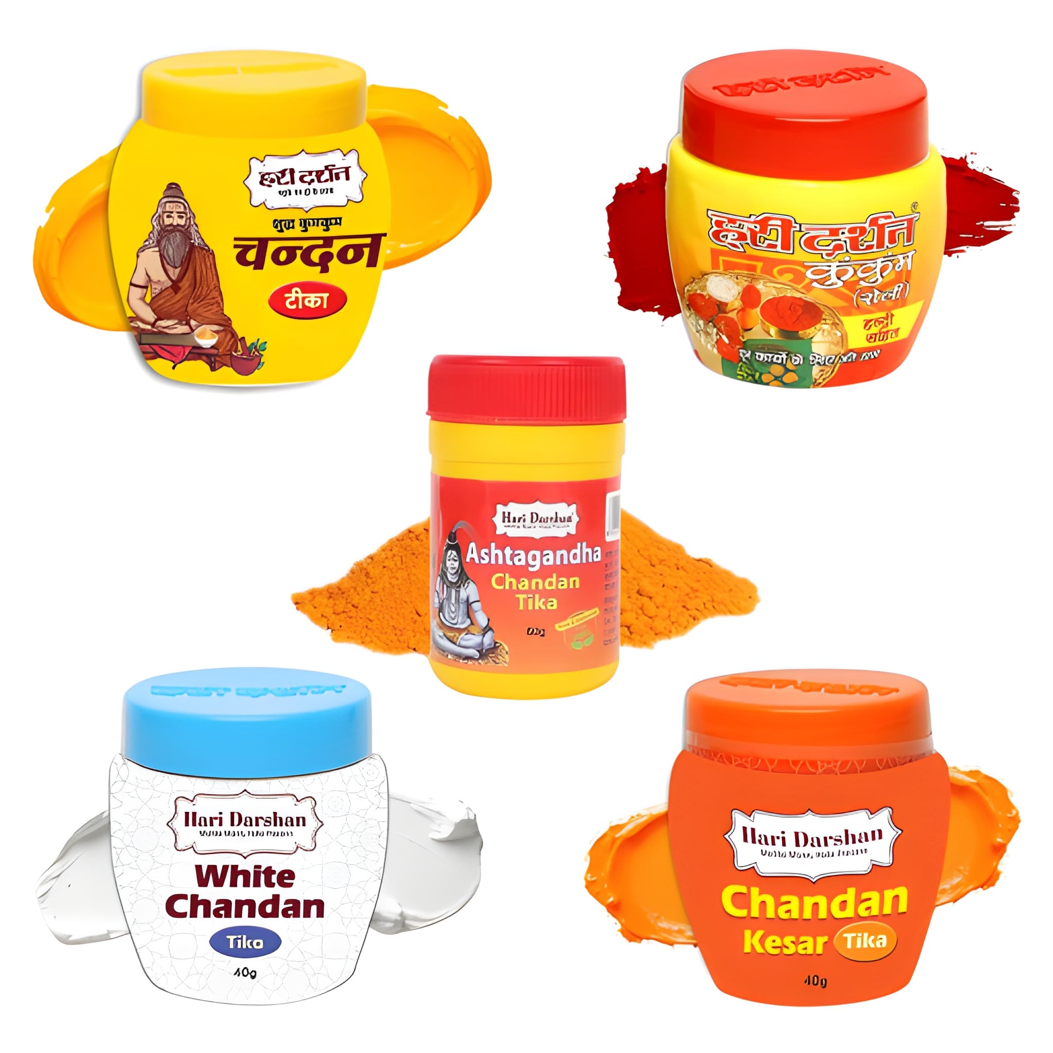 Hari Darshan Chandan Tika Combo, Pure Sandalwood, Chandan Kesar, Ashtagandha, Kumkum Roli & White Tilak, Natural Chandan Powder for Pooja & Havan, Pack of 5 (Original)