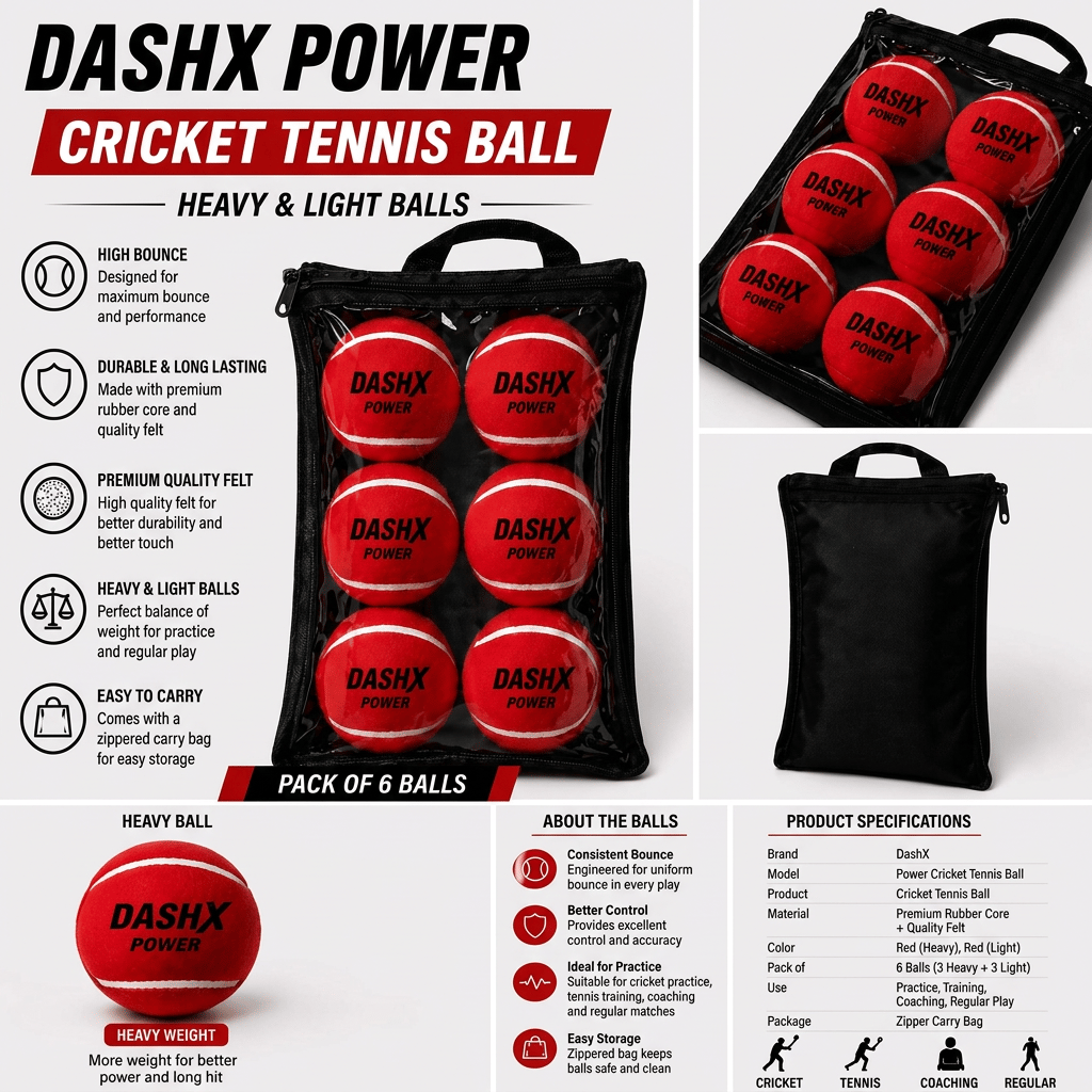 DashX Power Heavy Duty Cricket Tennis Ball, Pack of 6