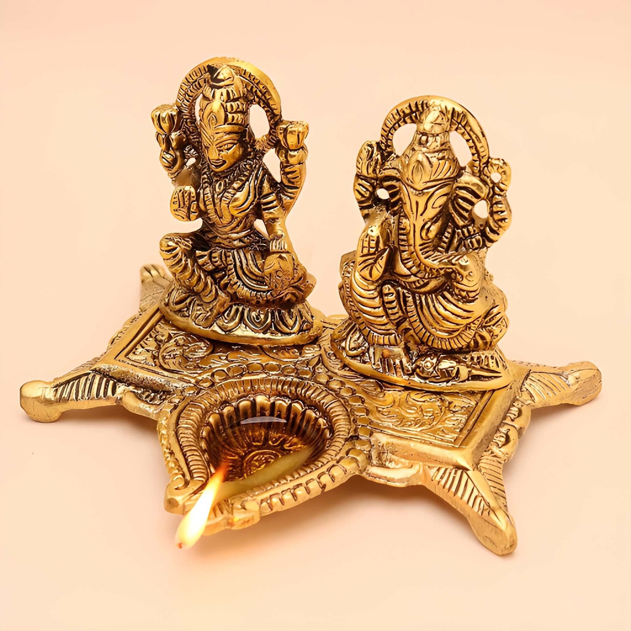Heavy Duty Lakshmi Ganesha with Diya Statue Idol Murti in Metal, Decorative Showpiece, 15 cm, Brass Gold Finish (Original)