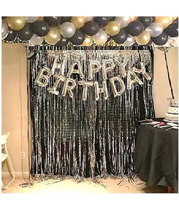 Happy Birthday Silver Foil Balloon+ 2Pcs Silver Fringe Curtain (3 X 6 Feet) +30 pcs Metallic Balloons for happy birthday decoration item, birthday decoration kit, birthday balloon decoration combo for Boys, Girls, Kids, husband and Wife.