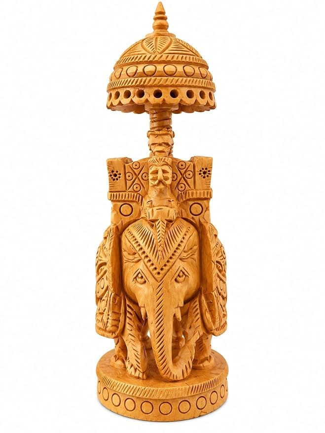 Hand-Carved Teak Wood Royal Ambari Elephant with Ganesha & Canopy
