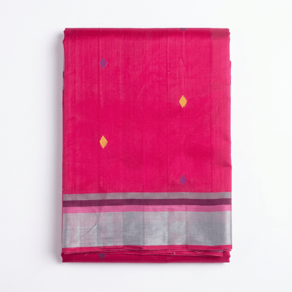 Handwoven Pink Cotton Saree with Golden Bhutis & Silver Border