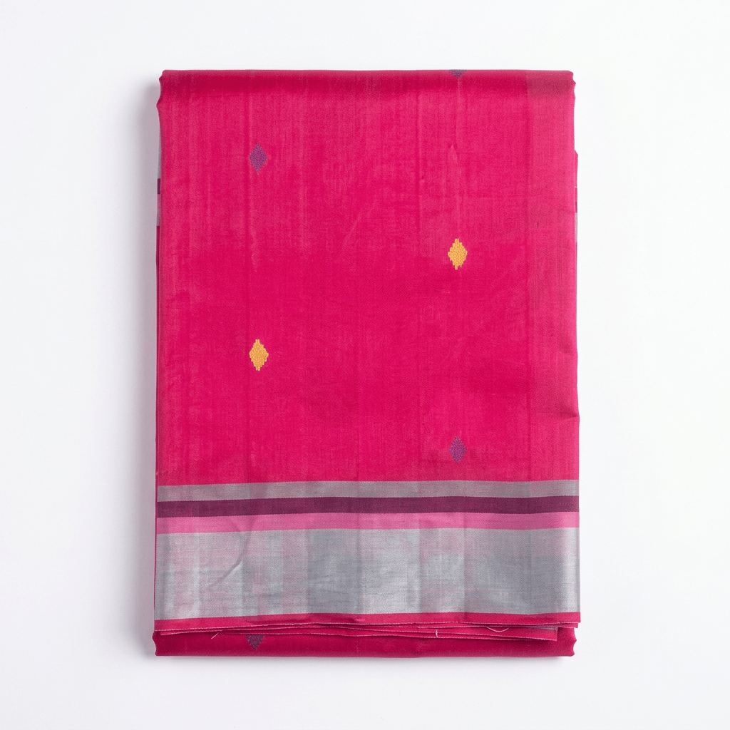 Handwoven Pink Cotton Saree with Golden Bhutis & Silver Border