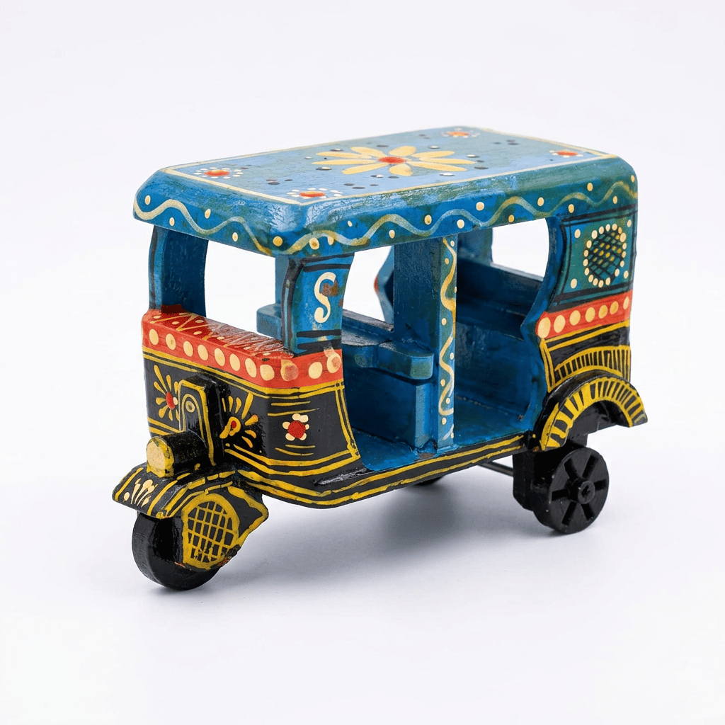 Handicraft Wooden Auto Rickshaw Miniature Showpiece (Hand-Painted)