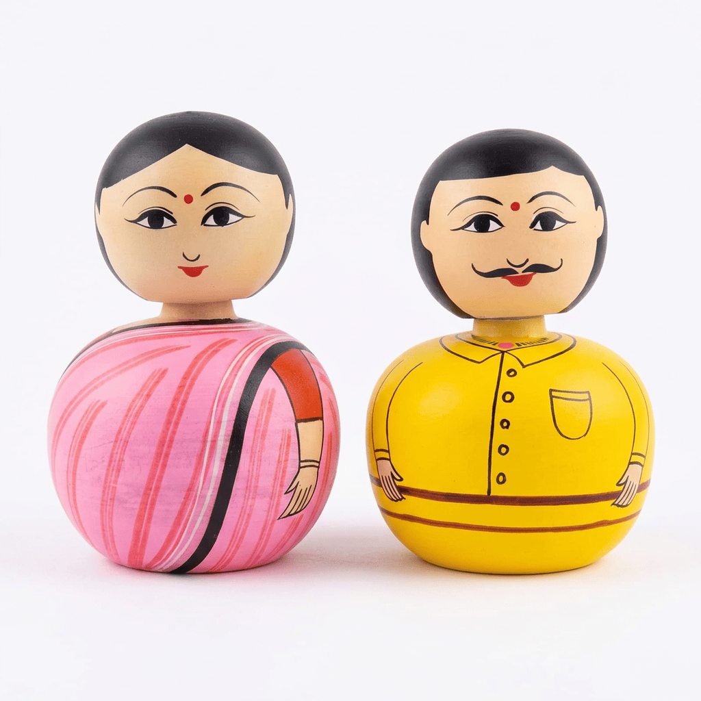 Handcrafted Wooden Golu Couple Dolls (Set of 2) - Indian Saree & Man with Mustache