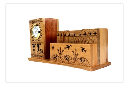 Warli painted wooden mobile stand with pen stand