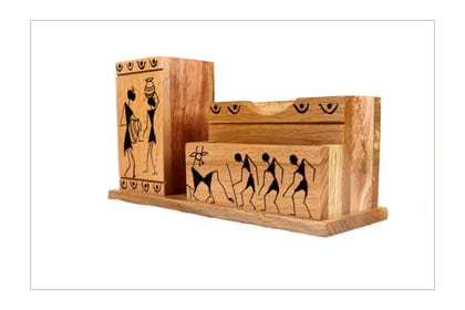 Warli painted wooden mobile stand with pen stand