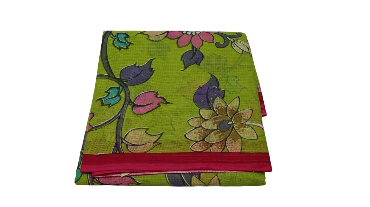 Women's Floral Net Saree in Green & Pink