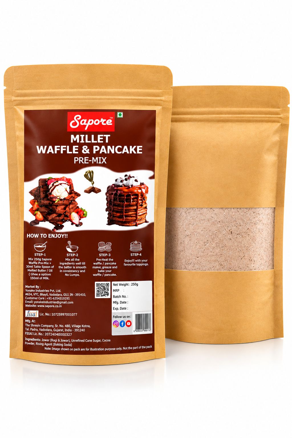 Sapore Millet Waffle & Pancake Pre-Mix 250 g | Ragi and Jowar-Based Chocolate Waffle & Pancake Mix