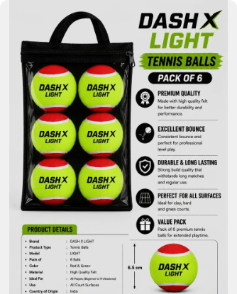 DASH X LRed and Green Tennis Balls Pack of 6