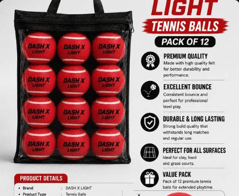 DASH X LIGHT Premium Red Tennis Balls, Pack of 12
