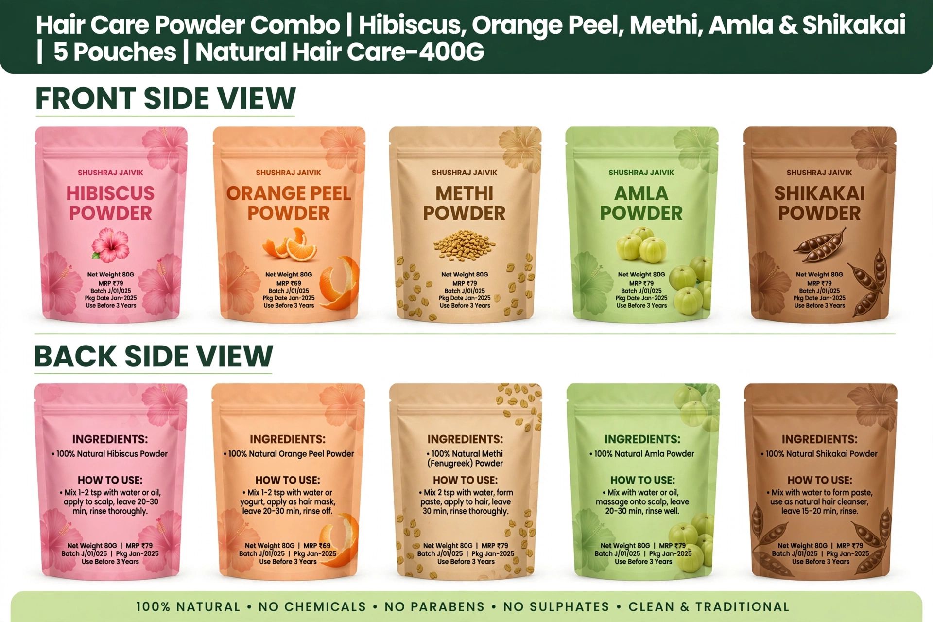 Hair Care Powder Combo | Hibiscus, Orange Peel, Methi, Amla & Shikakai | 5 Pouches | Natural Hair Care-400G
