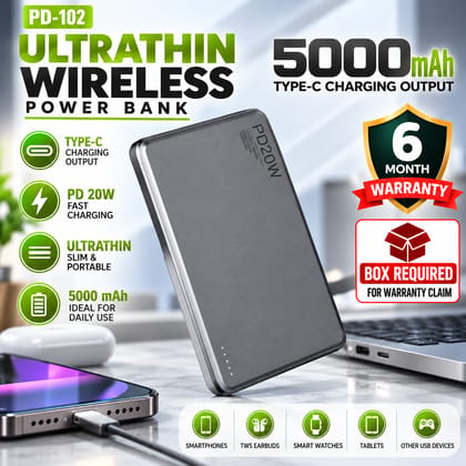 Ultra Slim Wireless Power Bank 5000mAh with 20W PD Fast Charging |USB Type-C Output, LED Battery Indicators, Compact Portable Mobile Charger | 6 Months Warranty Ultra Slim Wireless Power Bank 5000mAh with 20W PD Fast Charging |USB Type-C Output, LED Battery Indicators, Compact Portable Mobile Charger | 6 Months Warranty
