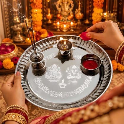 Heavy Duty Stainless Steel Aarti Pooja Thali Set | Puja Thali for Aarti | Home Temple Worship Plate | Silver Color | 1 Piece (Original)