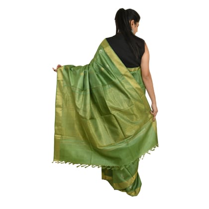 Tribes India Beige Tassar Silk Saree with Blue Motifs