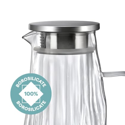 Borosil 1.8L Auk Borosilicate Glass Jug with Stainless Steel Lid, Textured Glass Pitcher for Water, Juice & Iced Tea, Fridge Safe Water Jug with Handle