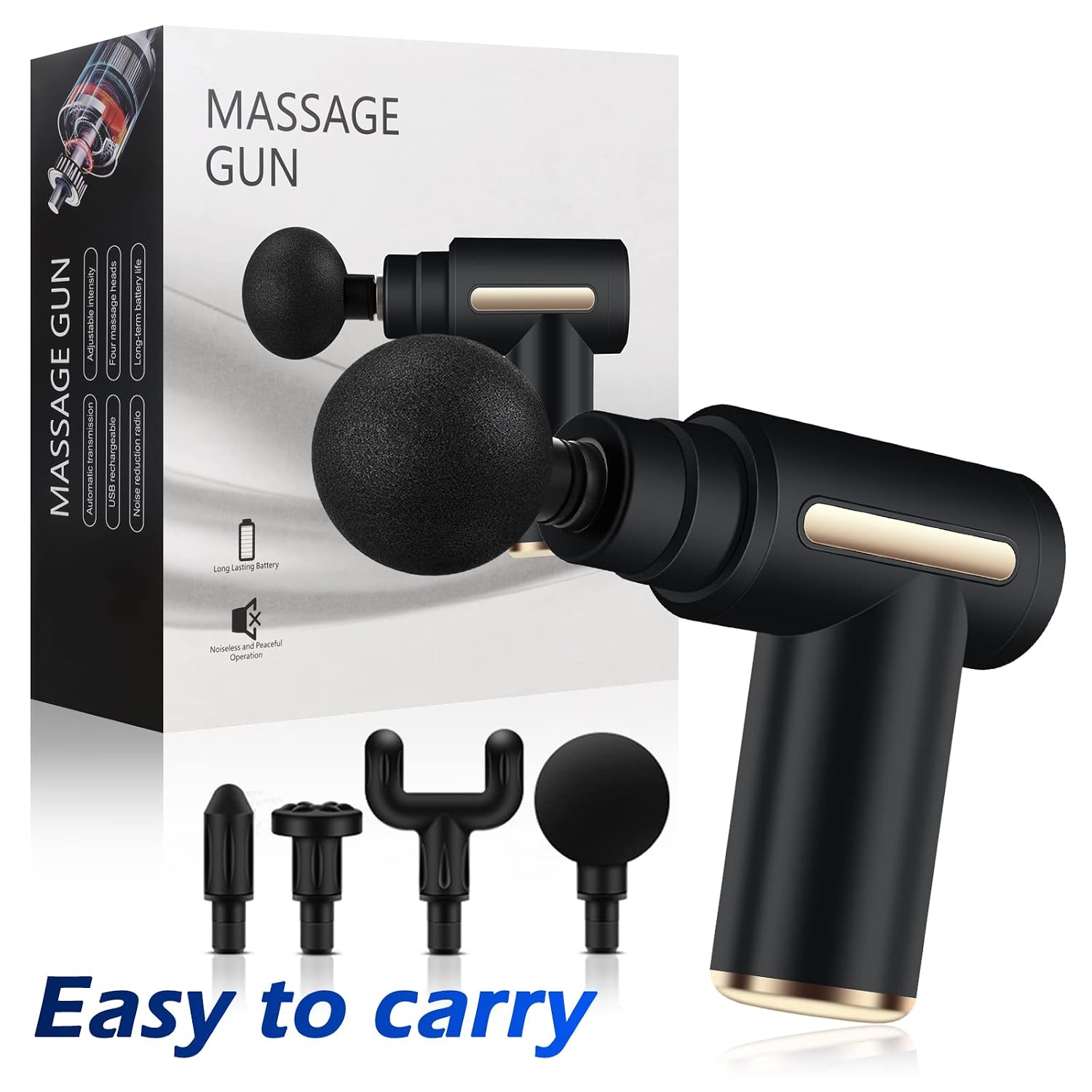 Mini Massage Gun – Deep Tissue Handheld Massager for Full Body Pain Relief – Small & Powerful, 6 Speeds, 4 Heads, Rechargeabl for Men for woman use 