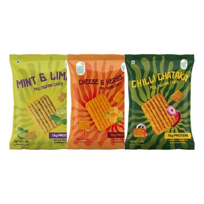 FarmFresco Protein Multigrain Chips Trial Pack - Mint & Lime, Cheese & Herbs, Chilli Chataka (3 x 40g)