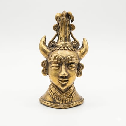 Vintage Handcrafted Brass Goddess Figurine with Horns and Scrolls