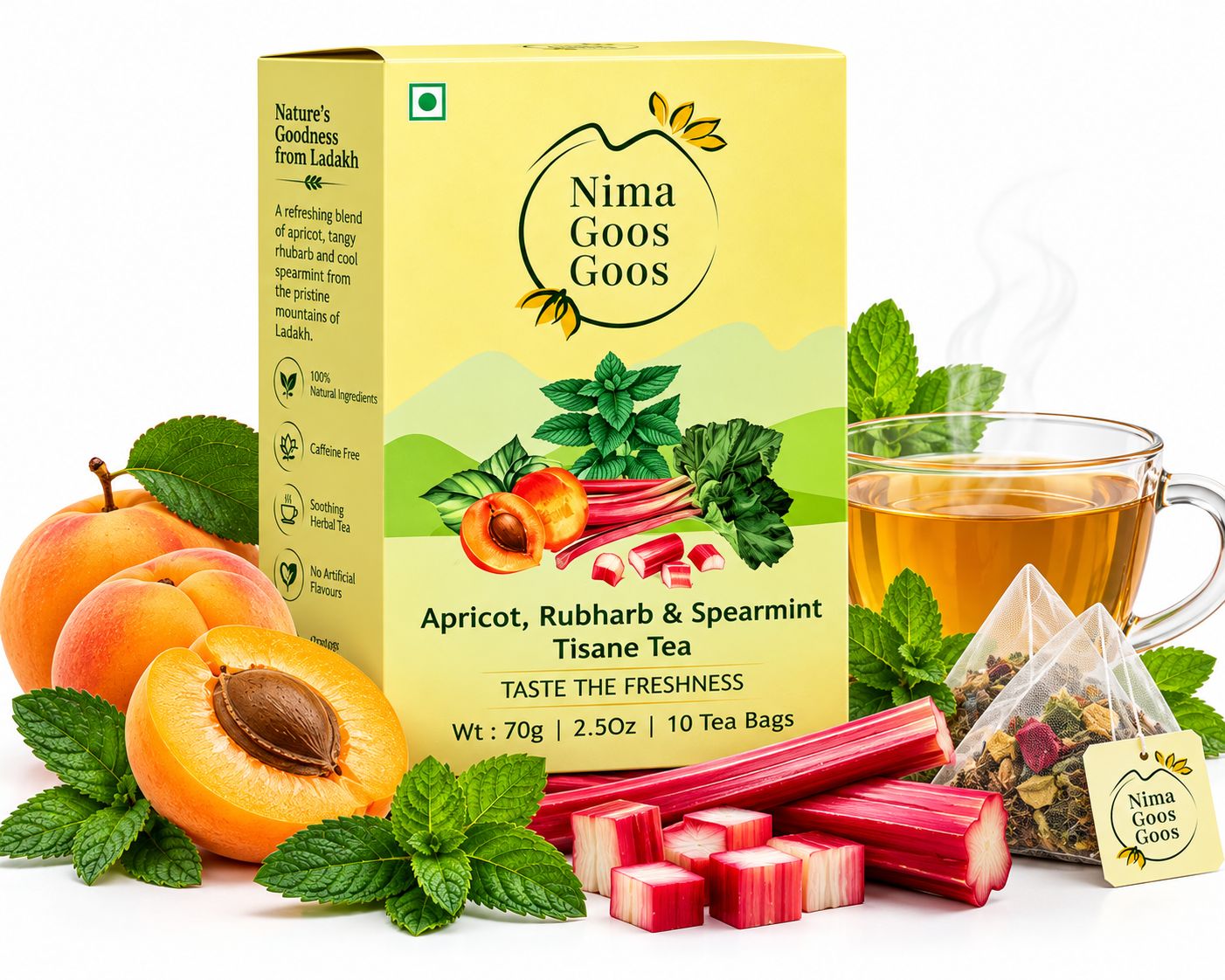 Nima Goos Goos Apricot, Rhubarb & Spearmint Herbal Tisane Tea – Refreshing Mountain-Inspired Blend, 70g (10 Tea Bags) from Ladakh