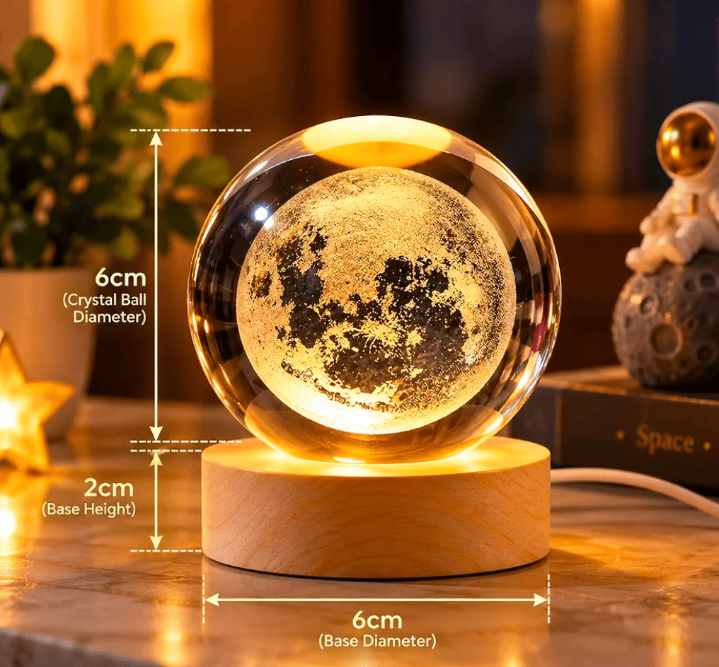 3D Moon Crystal Lamp with Wooden LED Base (6cm)