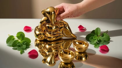 Gold Ganesh Idol & Diya Gift Set, Luxury Indian Festive Gift Hamper, Ceramic Ganpati Decor with 2 Diyas, Diwali Pooja Gift Box