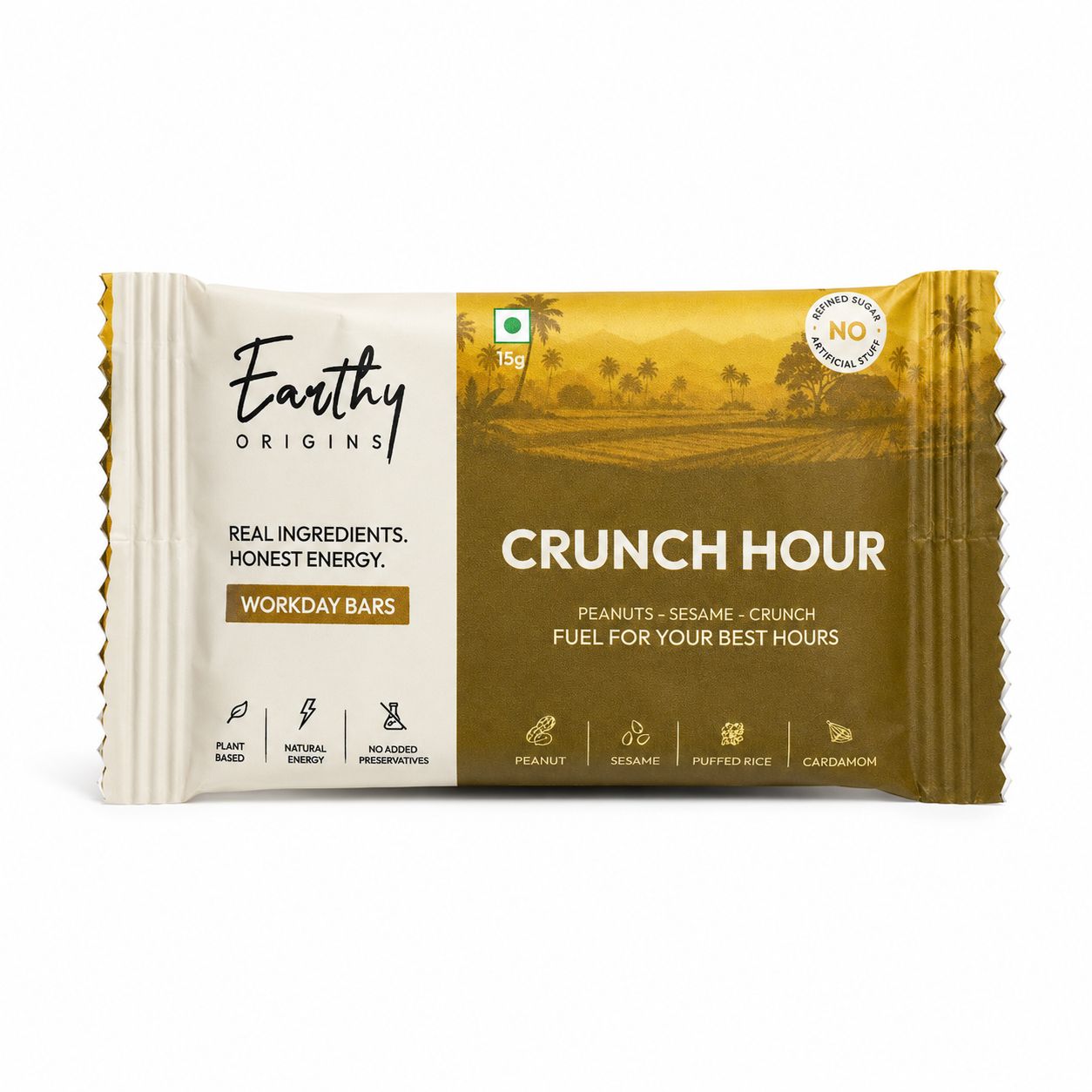 Earthy Origins Crunch Hour Energy Bar Pack of 10 | Peanut Sesame Puffed Rice Snack Bar | Plant-Based Workday Snack