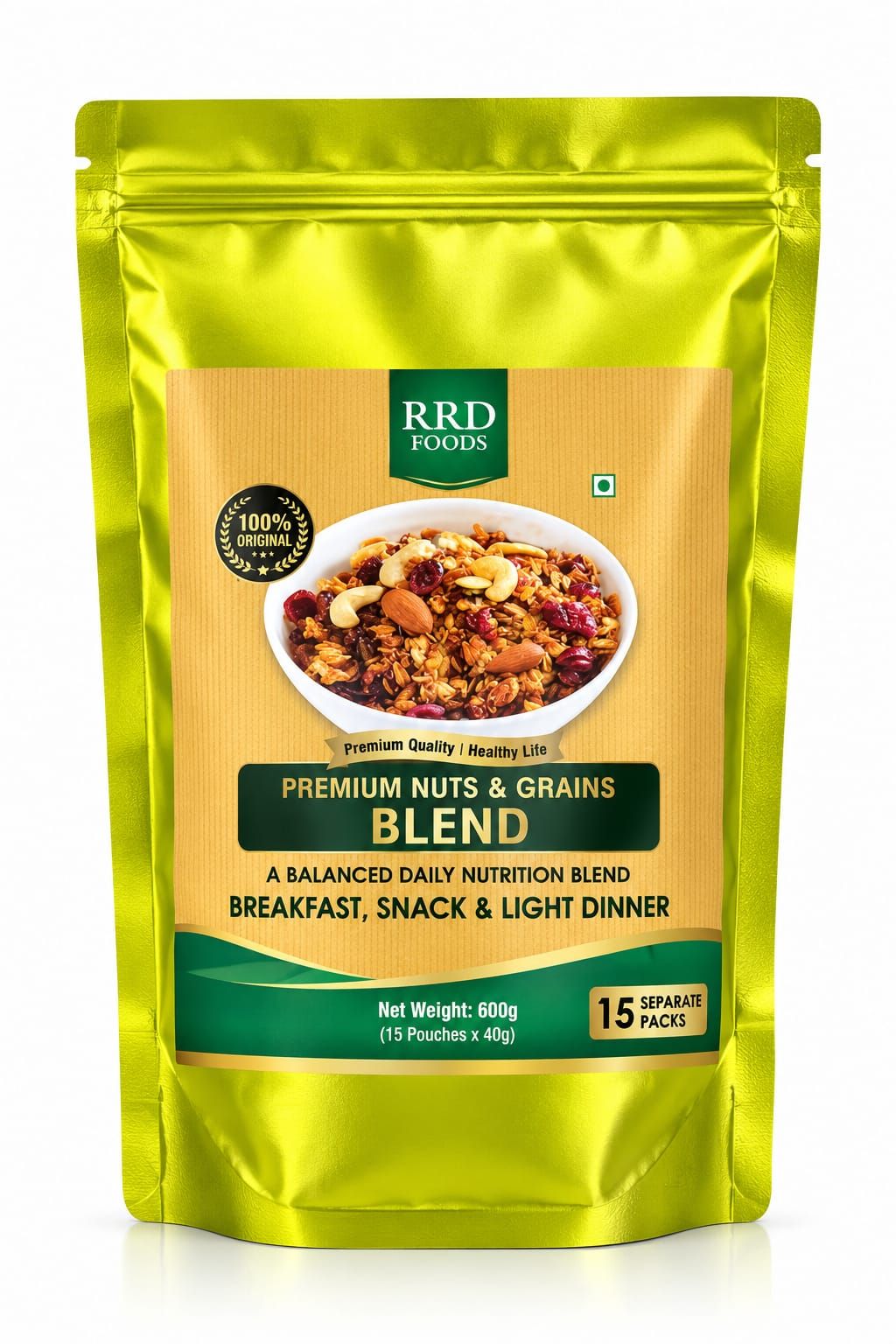 ​R R D FOODS Premium Nuts & Grains Blend 600g (15 Separate Daily Pouches x 40g) | Healthy Breakfast, Snack & Light Dinner