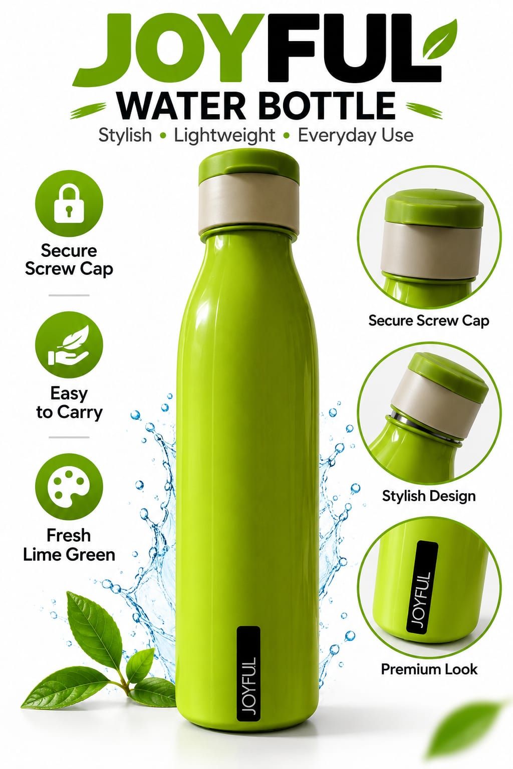 JOYFUL BPA Free Plastic Leak Proof Water Bottle, Green, 500ml