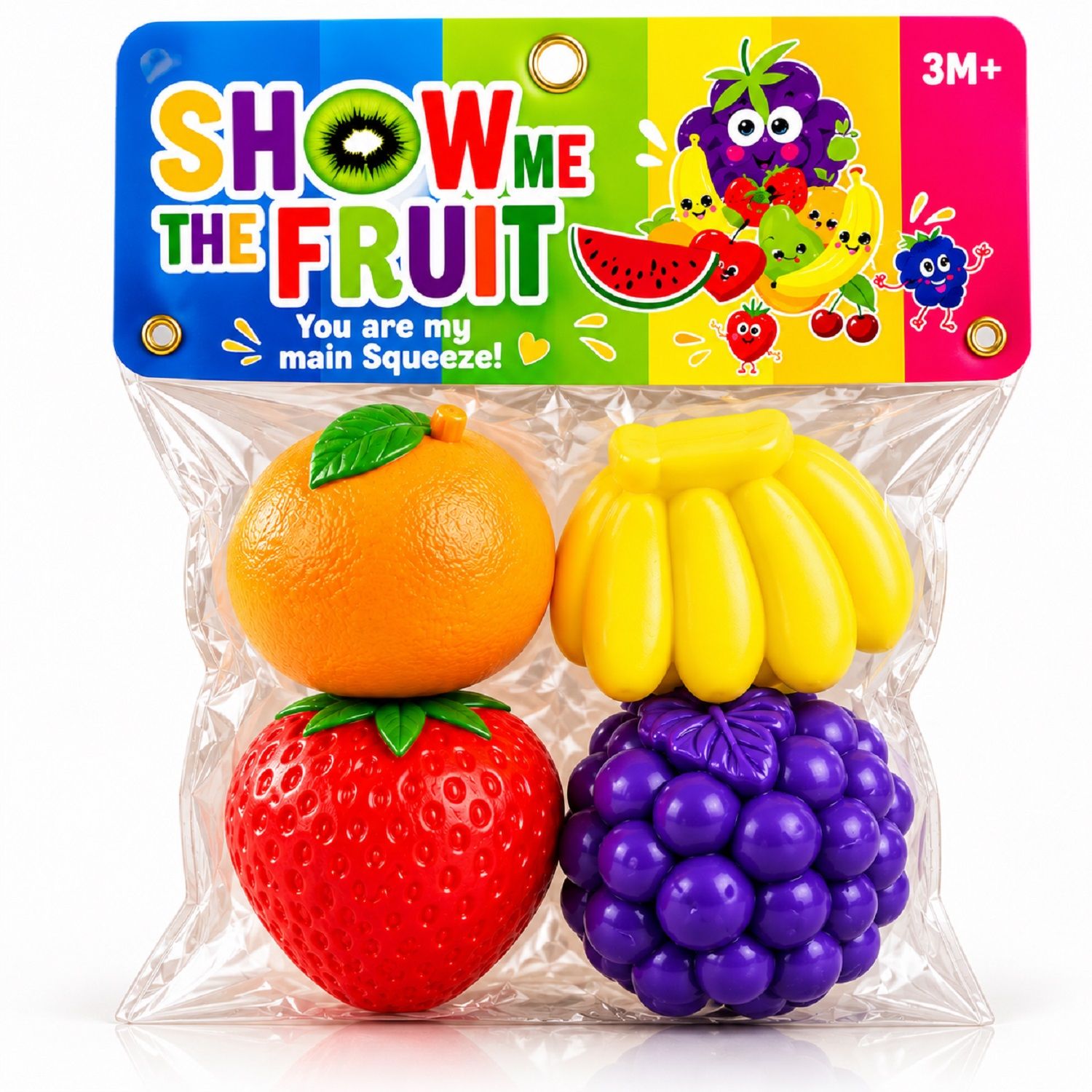 KTRS Enterprise Chu Chu Fruit Toy Set for Babies, 4-Piece Multicolour Fruit-Shaped Sensory Toys – Orange, Banana, Strawberry & Grapes