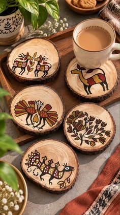 Indian Folk Art (Sohrai Art) Hand-Painted Wood Slice Coasters 