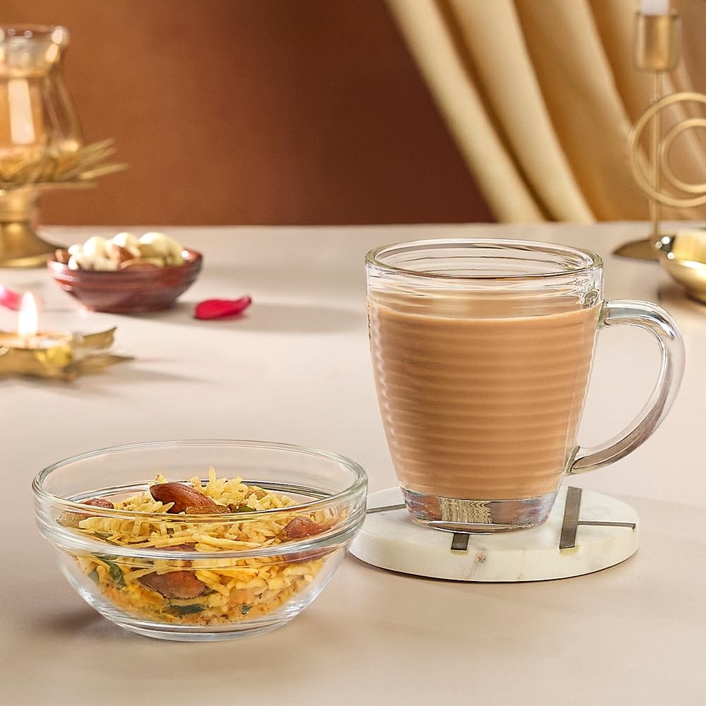Borosil Swirl Treat Set, 240ml Mug with 10cm Stackable Bowl , Set Of 2