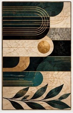 Modern Teal and Gold Abstract Geometric Botanical Canvas Wall Art Set (Set of 3)