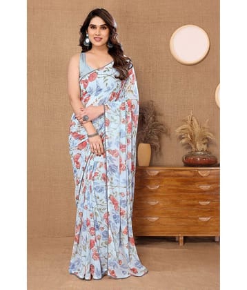 Gazal Fashions Georgette Printed Ready to Wear Saree With Unstitched Blouse Piece ( Blue )