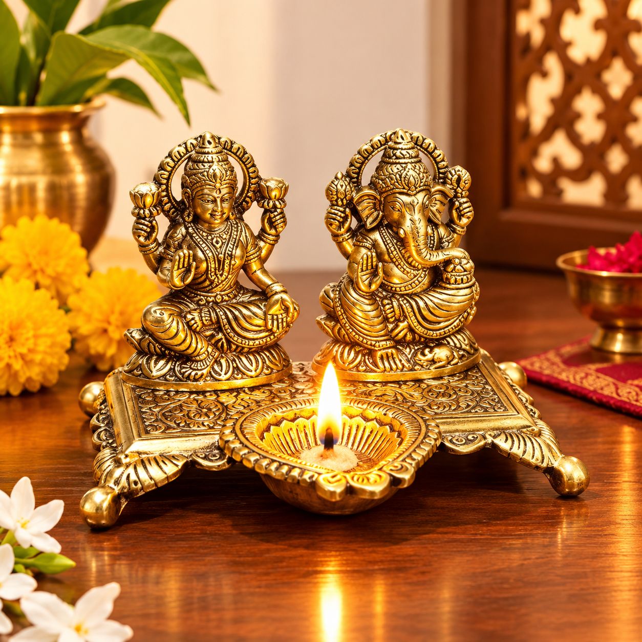 DHRUVINSRI Lakshmi Ganesha with Diya Statue Idol Murti in Metal Decorative Showpiece - 15 cm (Metal, Gold)