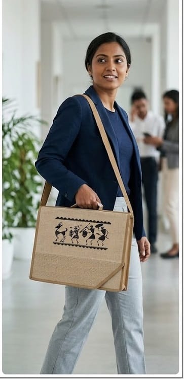 Jute Laptop Messenger Bag with Warli Folk Art Print