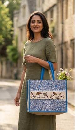 Indian Handicrafts Jute Tote Bag with Bird Print - Blue Indian Handicrafts Jute Tote Bag with Bird Print - Blue